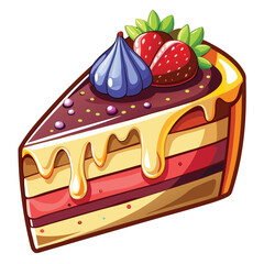 Cartoon cake slice showcases dripping icing and strawberry fig toppings with colorful sprinkles