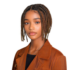 Young woman with intricate braided hairstyle wearing stylish orange corduroy jacket in natural light setting transparent background