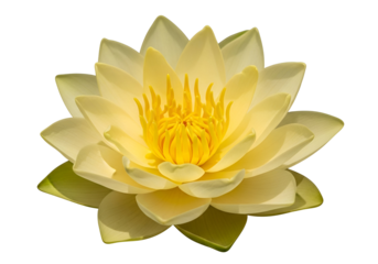 A close-up, detailed view of a pale yellow lotus flower, with vibrant yellow stamens, against a stark black backdrop.