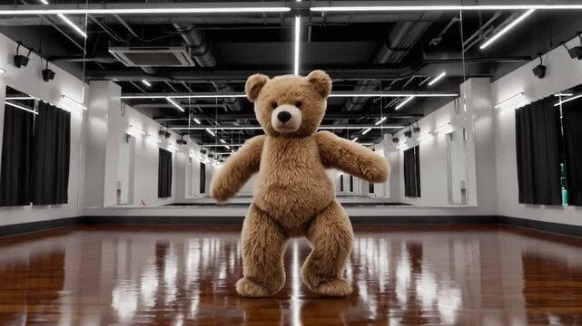 A Fluffy Teddy Bear Dances in a Mirror-Lined Studio
