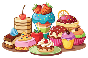 Cartoon assortment of desserts shows colorful cakes, cupcakes and pastries with different toppings and fillings