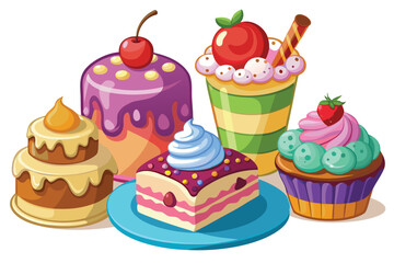 Cartoon assortment of colorful desserts features cakes, pudding, slice, topping on a white backdrop