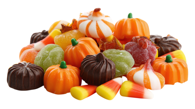 Assorted pumpkin candies in playful autumn theme, isolated on transparent background 