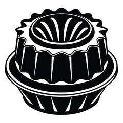 An intricate, monochrome cake displays scalloped edges and geometric designs inside the black container