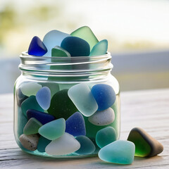 Jar filled with blue stones, adding a decorative, modern accent to home interiors and tabletop displays.