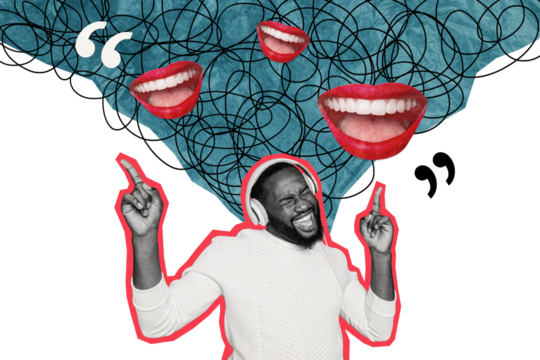 Composite photo collage of happy american guy dance wear headphones listen melody mouth smile free time isolated on painted background - Powered by Adobe