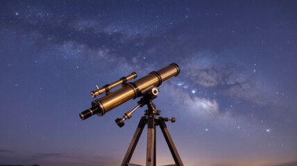 Telescope Aimed at the Milky Way Galaxy Under a Starry Night Sky