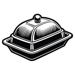 Monochrome art depicts a covered oblong dish elegantly with intricate, engraved details