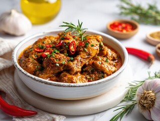 Fototapeta premium Chicken curry: bowl of chicken curry with chili and rosemary