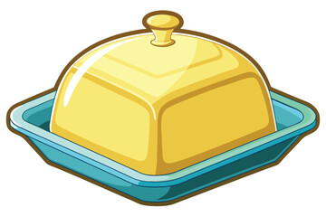 Cartoon butter dish with dome lid sits in a blue container waiting to be used