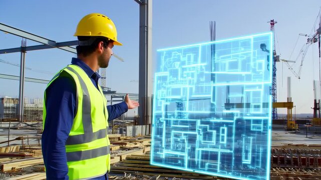 Construction worker views a holographic floor plan of a building under construction