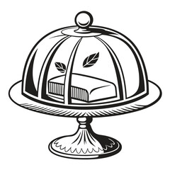 Line art shows covered dish with cake and leaves on white background