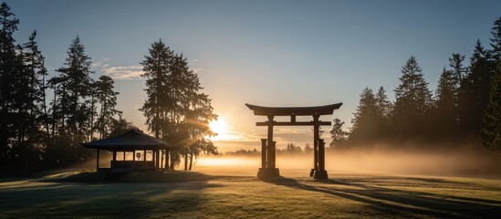 Obraz premium Sunrise illuminates a tranquil Japanese-style garden gate, nestled amidst misty morning woods.