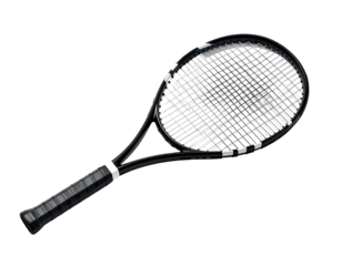 Sleek black tennis racquet with a textured grip and a predominantly black head featuring subtle white accents