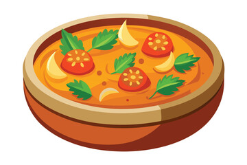 Cartoon bowl showcases vibrant orange soup, topped with tomatoes, garlic, and green herbs