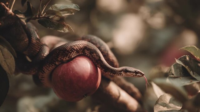 The serpent grips apple, the snake grips the fruit. Temptation lives in the tree, in the branch, in the scales. Fangs wait, tongue flickers, the apple gleams and gleams, drawing the eyes again again.