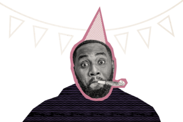 Composite photo collage of happy american man blow birthday pipe wear cap celebration holiday event isolated on painted background