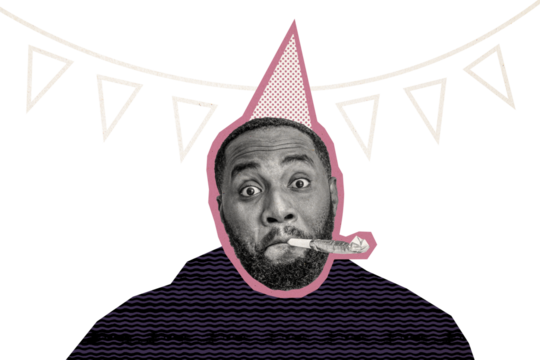 Composite photo collage of happy american man blow birthday pipe wear cap celebration holiday event isolated on painted background