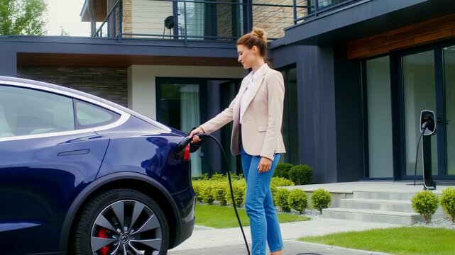 A woman in a light beige blazer plugs in a dark blue electric vehicle at a home charging station