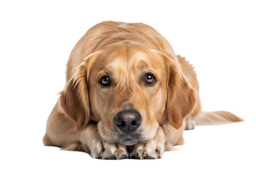 A golden retriever rests its head on its paws, showcasing a peaceful and thoughtful expression against a plain black backdrop.