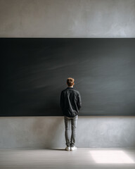 Fototapeta premium Teacher Standing Near Blackboard in Classroom Minimalist Education Concept with Blackboard