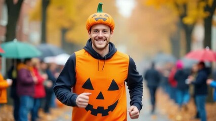 Male runner in pumpkin costume joyfully participates in Halloween themed event, showcasing vibrant autumn colors and festive atmosphere while engaging with the crowd