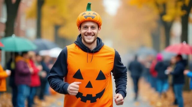 Male runner in pumpkin costume joyfully participates in Halloween themed event, showcasing vibrant autumn colors and festive atmosphere while engaging with the crowd