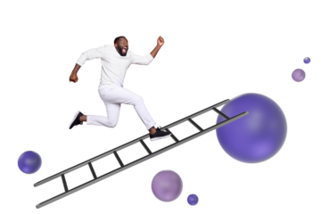 Composite photo collage of excited american man worker climb career ladder receive promotion success growth isolated on painted background