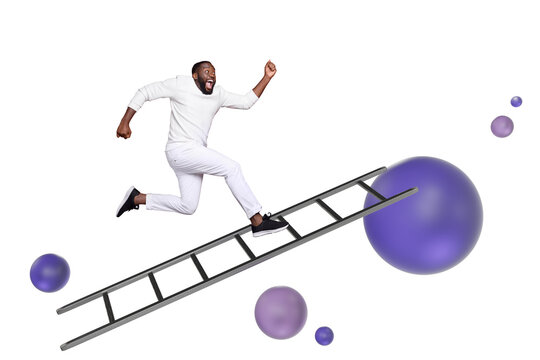 Composite photo collage of excited american man worker climb career ladder receive promotion success growth isolated on painted background