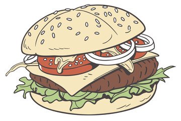 Cartoon burger illustration showcasing sesame bun, meat patty, cheese, tomato, onion, and lettuce