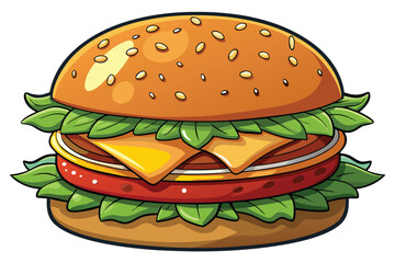 Cartoon burger with sesame seed bun, lettuce, tomato, cheese and juicy patties