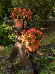A statue of a man holding a planter filled with red flowers