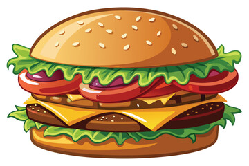 A double cheeseburger illustration displays layers of beef patties, cheese, tomato, onion and lettuce