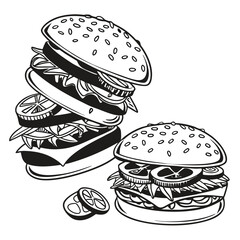 Two monochrome burgers showing tasty layers of cheese, tomato, onion, and lettuce, black and white