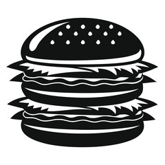 Isolated black burger shows sesame bun and multiple patties on white