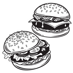 Black and white depicts two fully stacked hamburgers with sesame seed buns