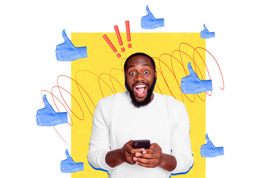 Composite trend artwork sketch image photo collage of social media network gesture thumb like popular young man blogger hold phone smile