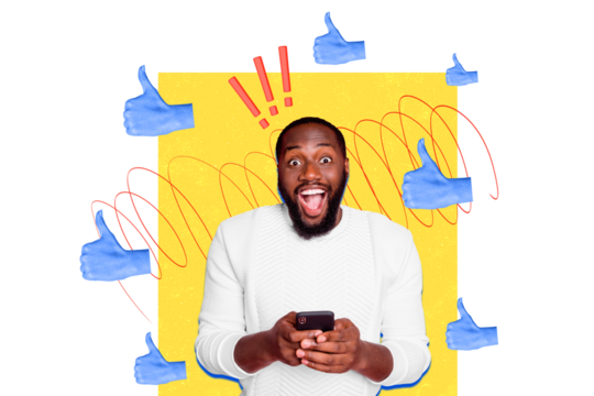 Composite trend artwork sketch image photo collage of social media network gesture thumb like popular young man blogger hold phone smile - Powered by Adobe