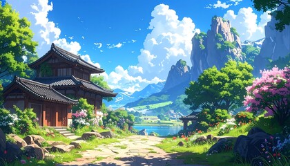 Serene Asian Landscape with Traditional Architecture