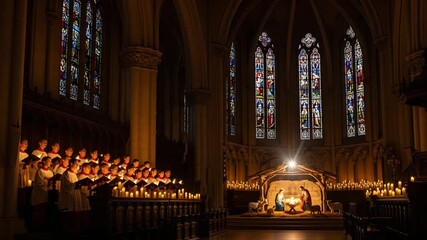 Choir singing in church with nativity scene christmas video, ai generated - Powered by Adobe
