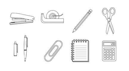Collection of office supplies and stationery items in a stylized silhouette