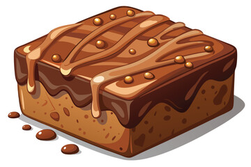 Square brownie topped with caramel glaze and decorative spheres sits isolated on white