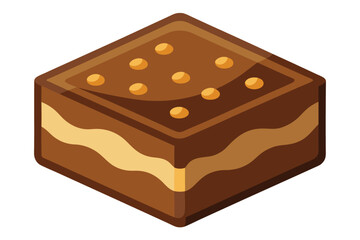 Isometric chocolate cake dessert is displayed, decorated with cream layers and small golden spheres