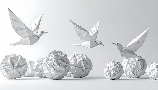 Three origami birds in flight above crumpled paper spheres