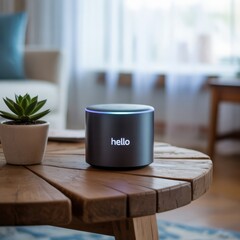 Smart Speaker with "Hello" Display on Wooden Table
