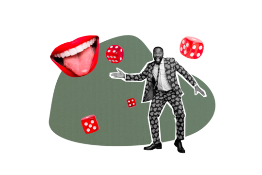 Composite trend artwork 3D sketch image photo collage of young man silhouette dice play game gambling lucky blackjack casino mouth smile