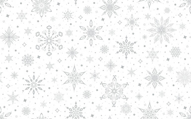 Winter seamless pattern. Festive background with golden snowflakes and stars on a white. For Christmas and New Year decorations, wallpaper, wrapping paper, fabric, or digital backgrounds.