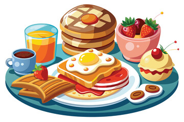 Cartoon breakfast includes pancakes, waffles, toast, eggs, meat, strawberry fruit, coffee, juice and cake