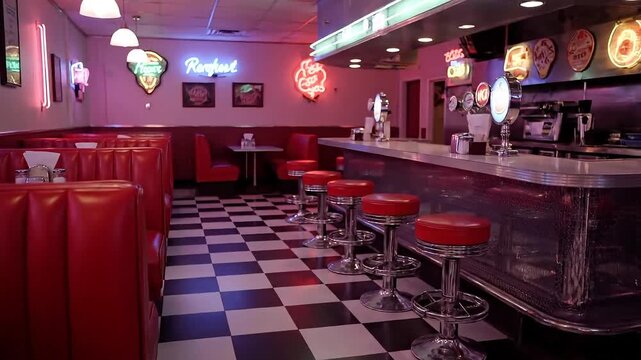Retro diner with red booths and chrome counter evokes nostalgic 1950s charm