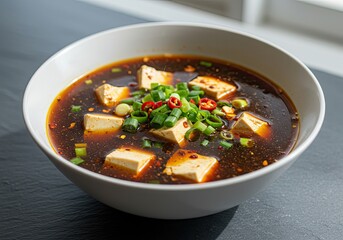 Spicy Miso Soup with Tofu on Cool Slate Background 
